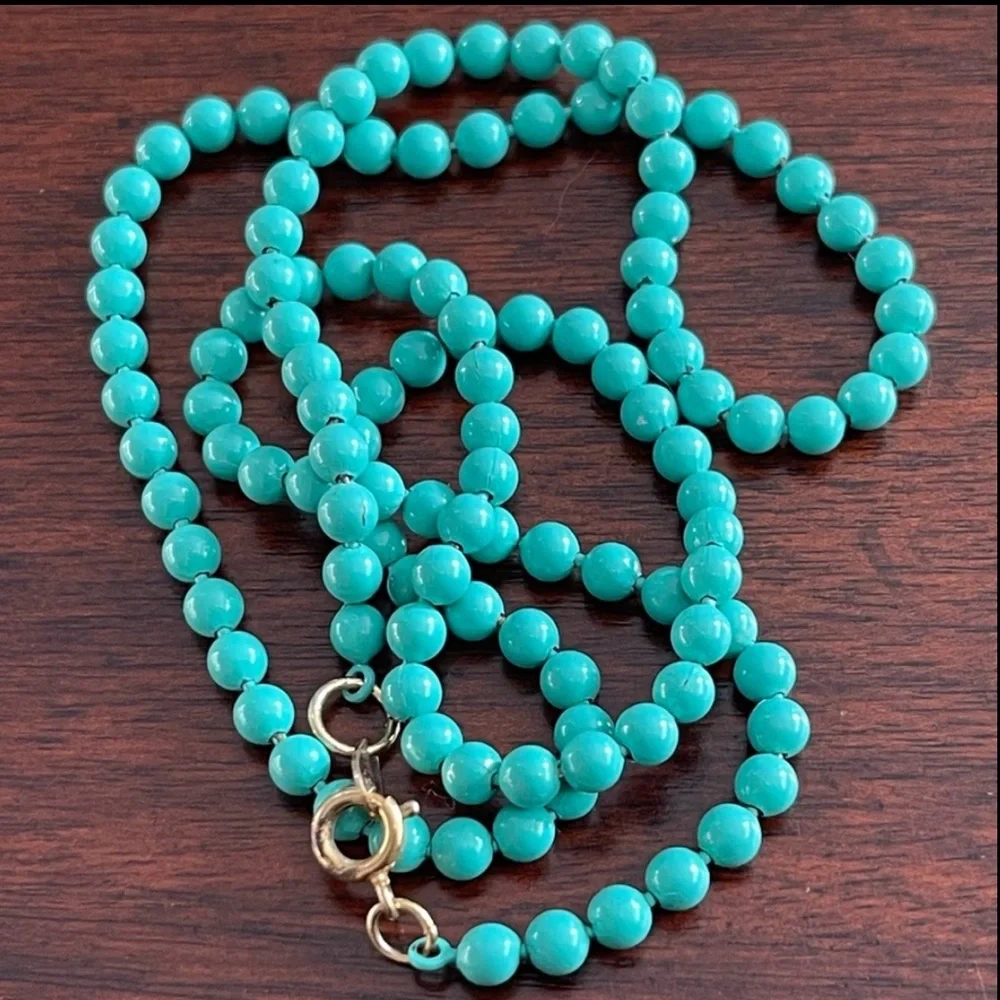 Turquoise blue enameled brass bead 26 inch necklace - Picture 3 of 6